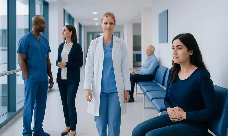 Medical team in hospital corridor with doctor and patients.