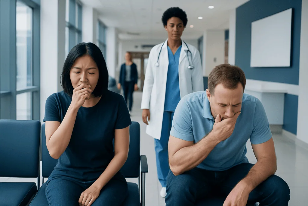 Phlegm and vomiting: Common Causes, Warning Signs, and When to See a Doctor 1 Patients experiencing nausea and vomiting in a hospital waiting area.