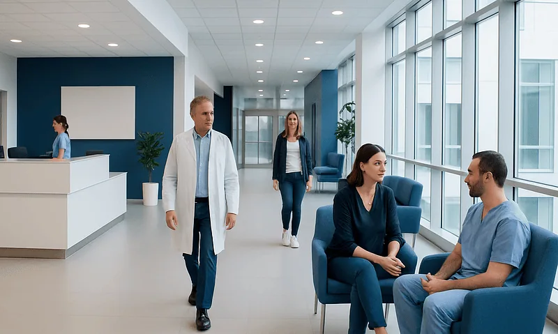 Modern hospital waiting area with patients and staff in a bright, spacious environment.