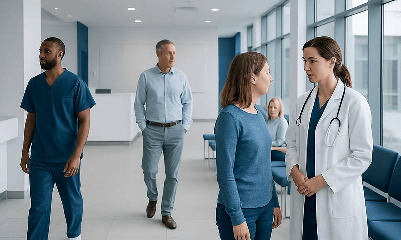 Doctor consulting female patient in hospital corridor with staff in background.