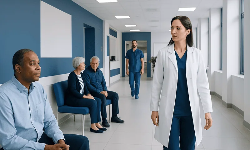 Medical professional walking in hospital corridor with patients seated.