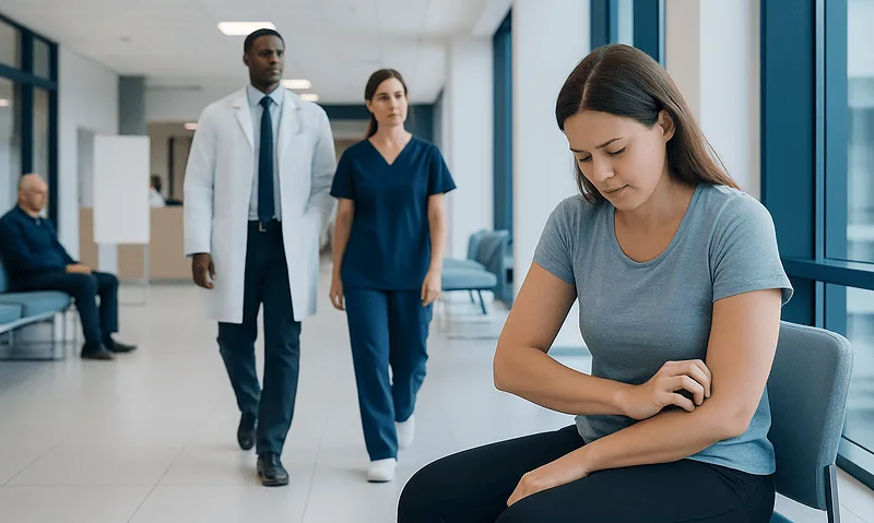 Young woman experiencing discomfort in a hospital corridor.