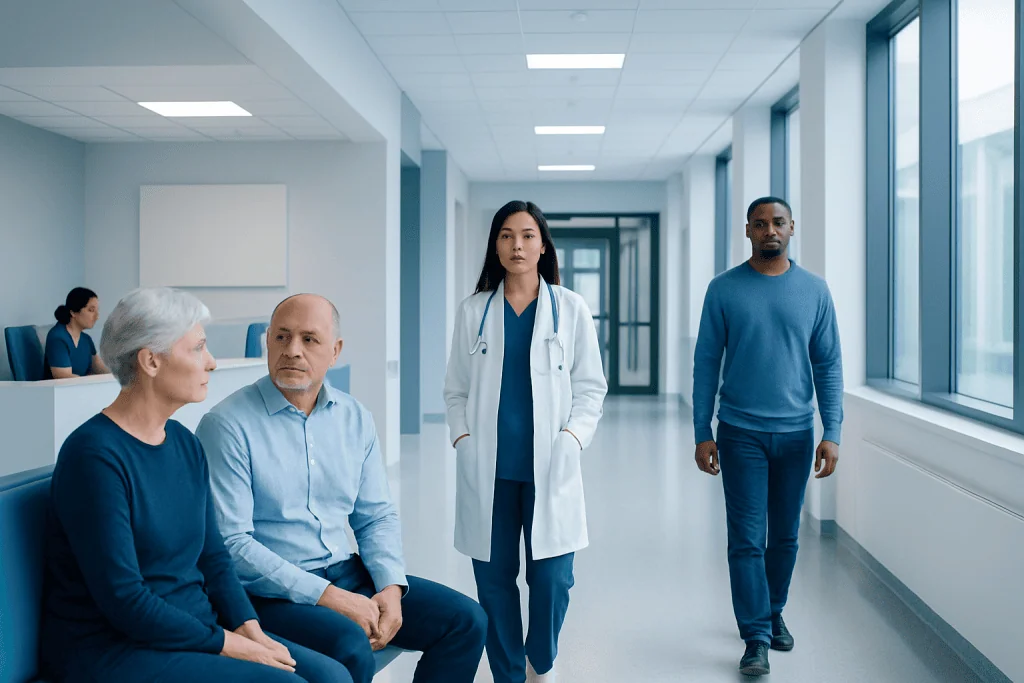 Preparing for Neurointervention: Tests, Medicines, and Questions to Ask 1 Medical consultation in hospital corridor with patients and doctor.