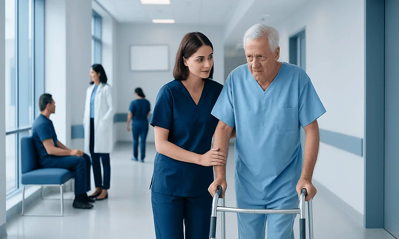 Elderly man with walker and nurse in hospital corridor.