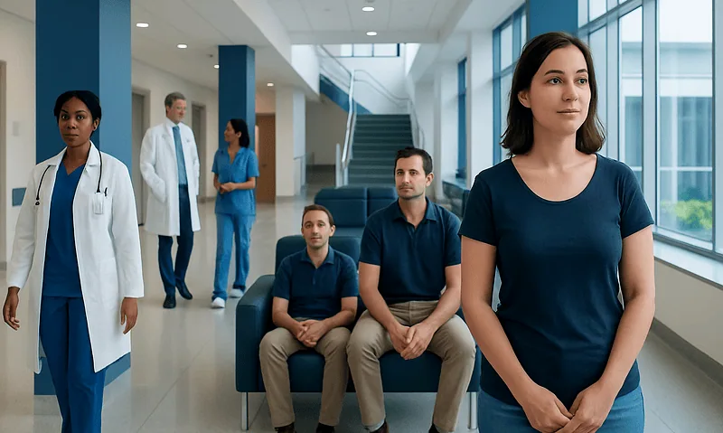 Patients waiting in a hospital corridor with medical staff nearby.