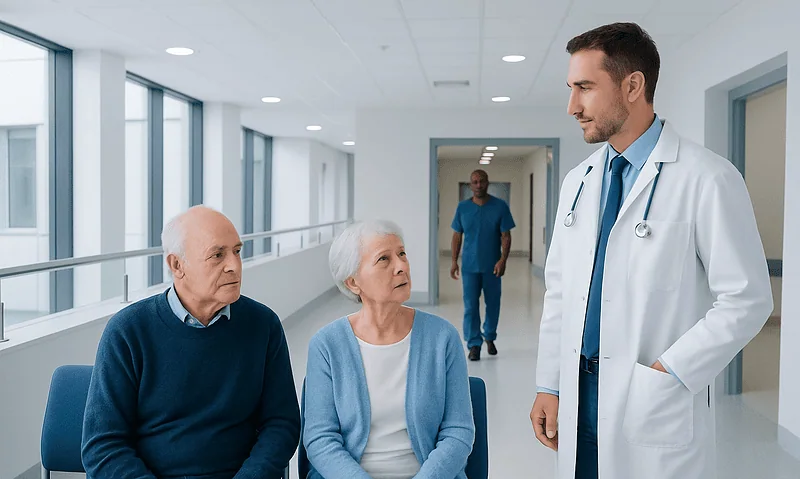 Doctor consulting elderly patients in hospital corridor.