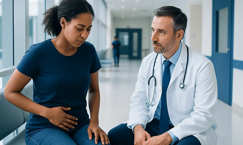 Doctor consulting with a patient about abdominal pain in hospital corridor.