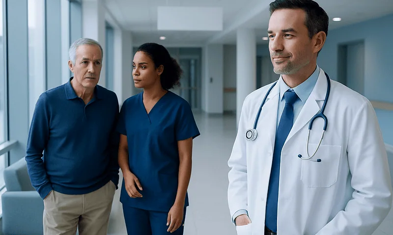 Heartburn That Keeps Coming Back: When Reflux Needs Further Testing 2 Doctor talking to elderly patient and nurse in hospital corridor.