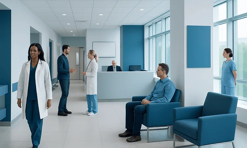 Modern hospital waiting area with medical staff and patients.