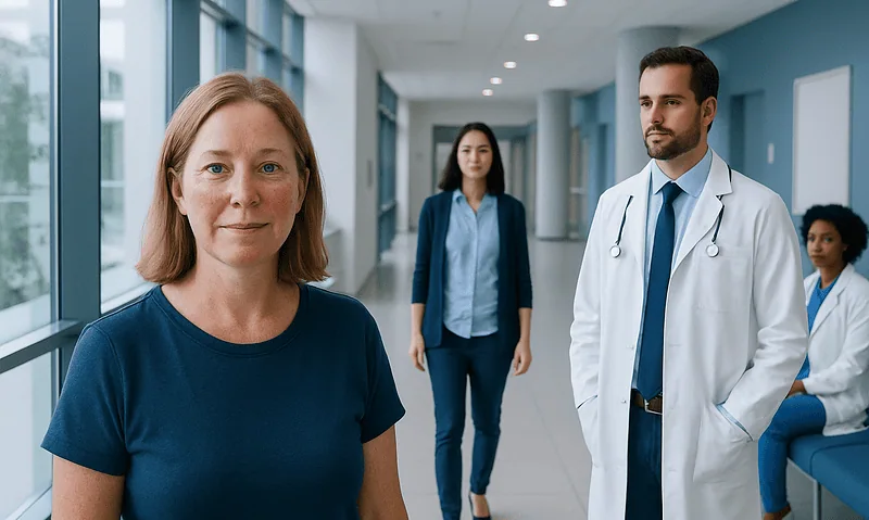Medical professionals and patient in hospital corridor.