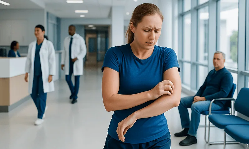 Woman experiencing itching and discomfort in a hospital corridor.