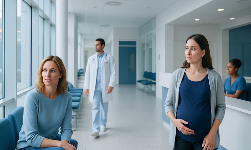 Patients waiting in a modern hospital corridor with medical staff nearby.