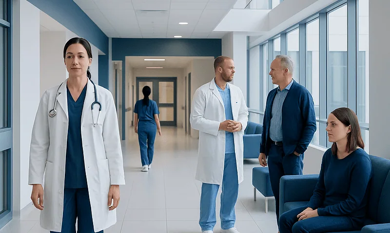 Medical professionals and patient in a modern hospital corridor.