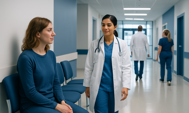 Doctor talking to a patient in a hospital corridor at Acibadem Hospitals Group.
