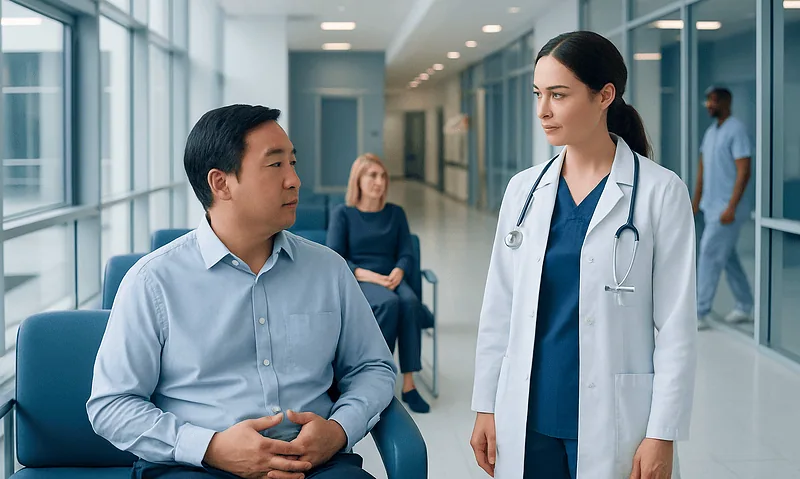 Doctor consulting patient in hospital corridor with medical staff in background.