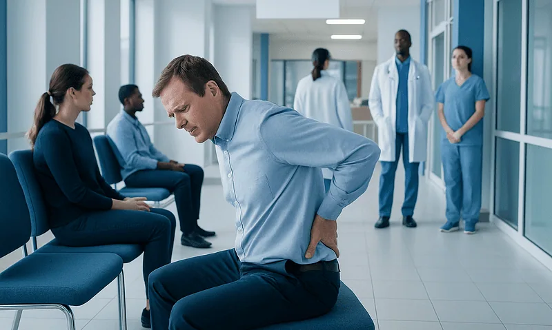 Patient experiencing lower back pain in a hospital corridor.