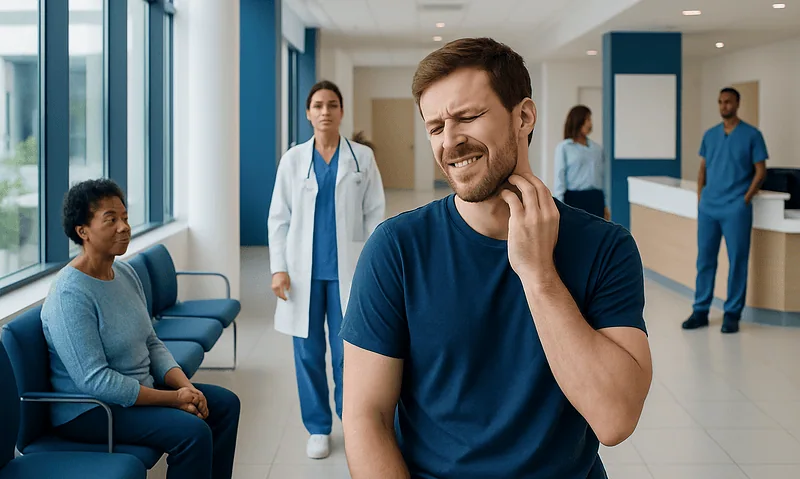 Man experiencing neck pain in a hospital corridor with medical staff nearby.