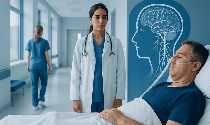 Hospital scene with doctor and patient discussing brain health and sleep issues.