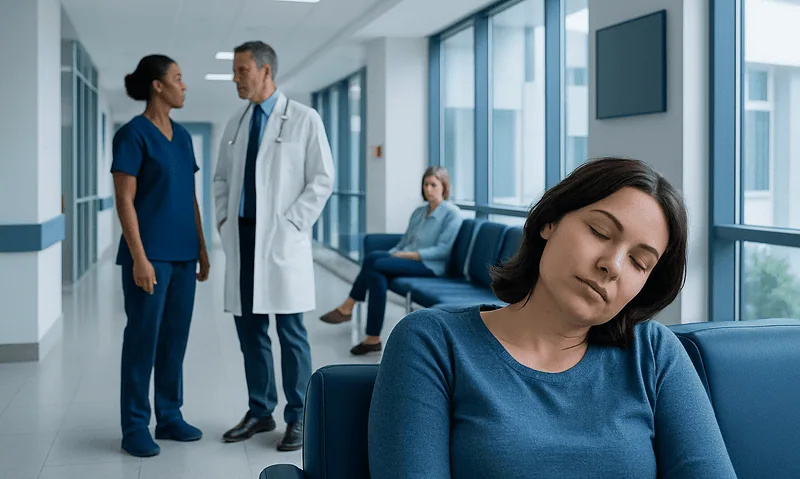 Young woman appears tired in hospital corridor with medical staff and patient in background.