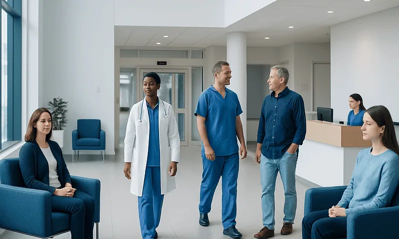 Hospital waiting area with medical staff and patients engaging in conversation.
