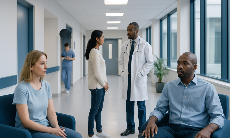 Medical consultation in a hospital corridor with patients and doctor.