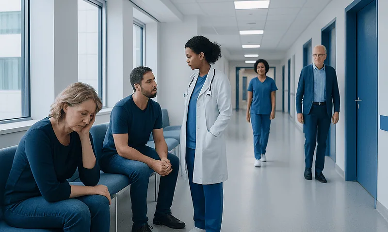 Patients and healthcare professionals in a hospital corridor.