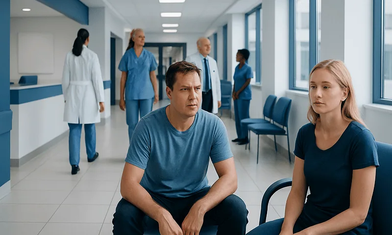 Patient waiting in hospital corridor with medical staff in background.