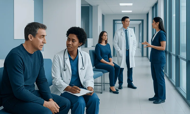 Patients and medical staff in a neurological sleep medicine clinic corridor.