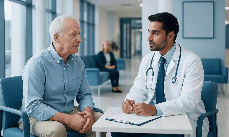 Cardiologist consulting with an elderly patient in a modern hospital.