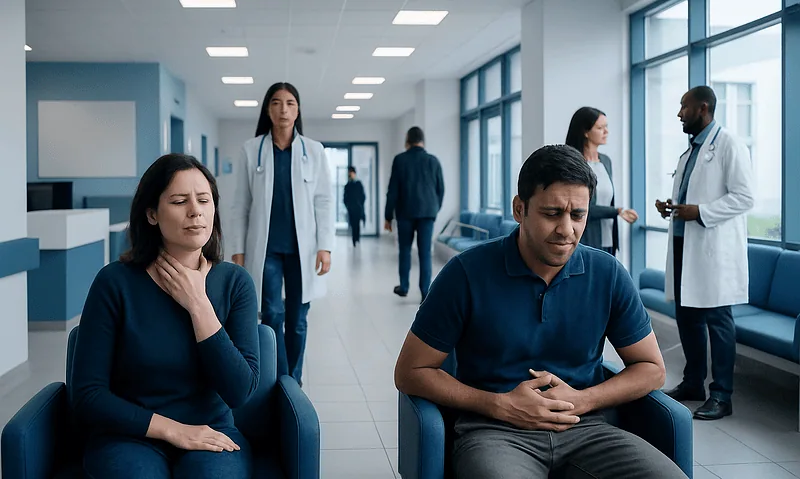 Patients experiencing discomfort in a hospital waiting area.