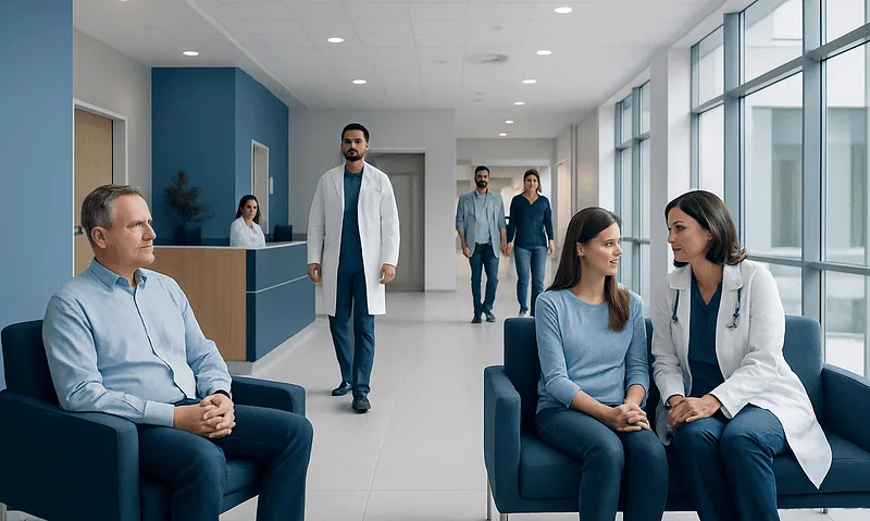 Patients and doctors in a modern hospital waiting area at Acibadem Hospitals Group.