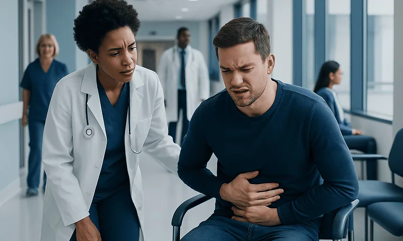 Patient experiencing stomach pain in hospital corridor with medical staff nearby.