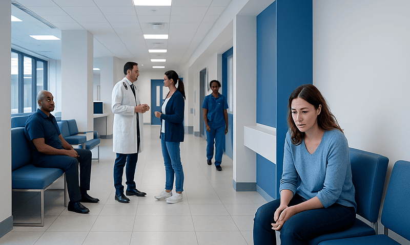 Patient waiting in hospital corridor at Acibadem Hospitals Group.