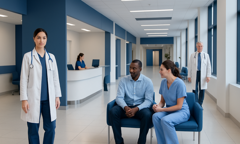 Healthcare professionals and patients in a modern hospital corridor.