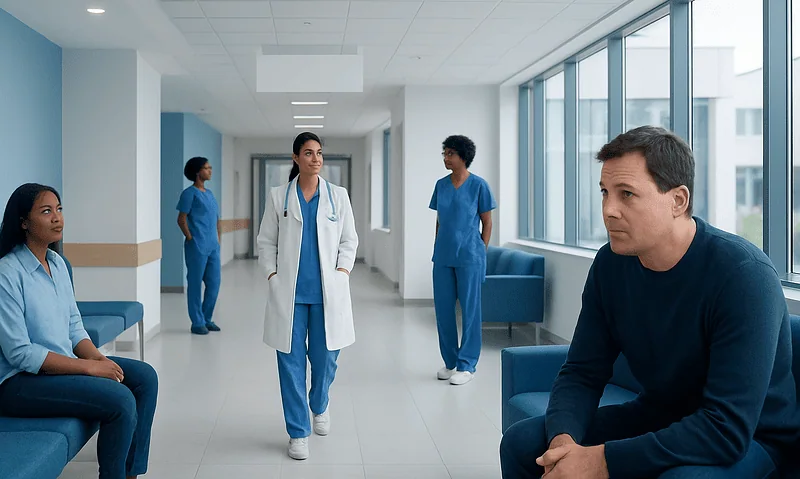 Hospital waiting area with medical staff and a patient.