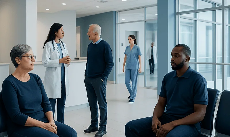 Medical consultation in hospital lobby with diverse patients and staff.