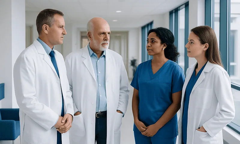 Stroke Specialists: Who May Be on Your Care Team After a Brain Attack 16 Medical team discussing patient care in hospital corridor.