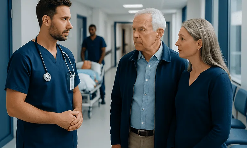 Medical team discussing patient care in hospital corridor.