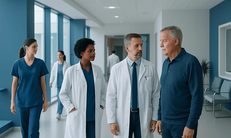 Medical team discussing patient care in hospital corridor.