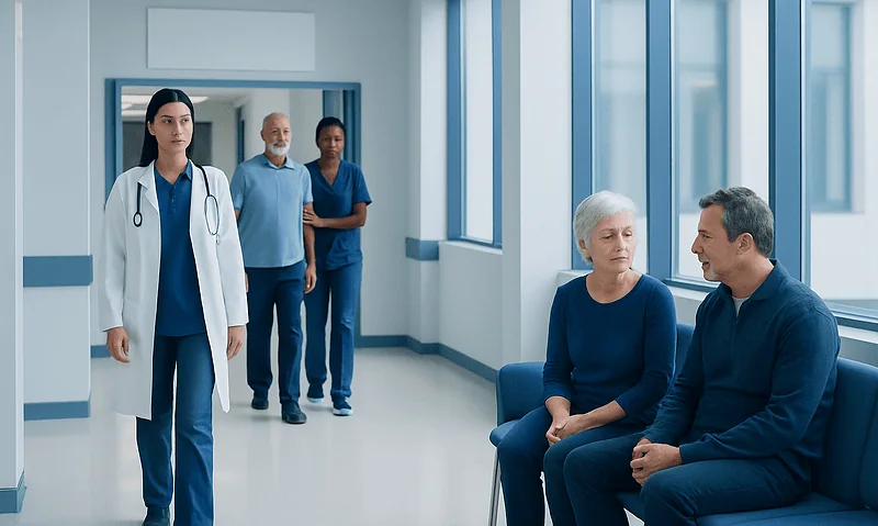 Medical team discussing patient care in hospital corridor.