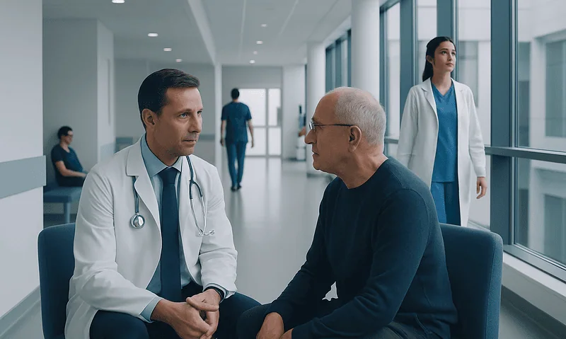 Doctor consulting with a patient in a modern hospital corridor.
