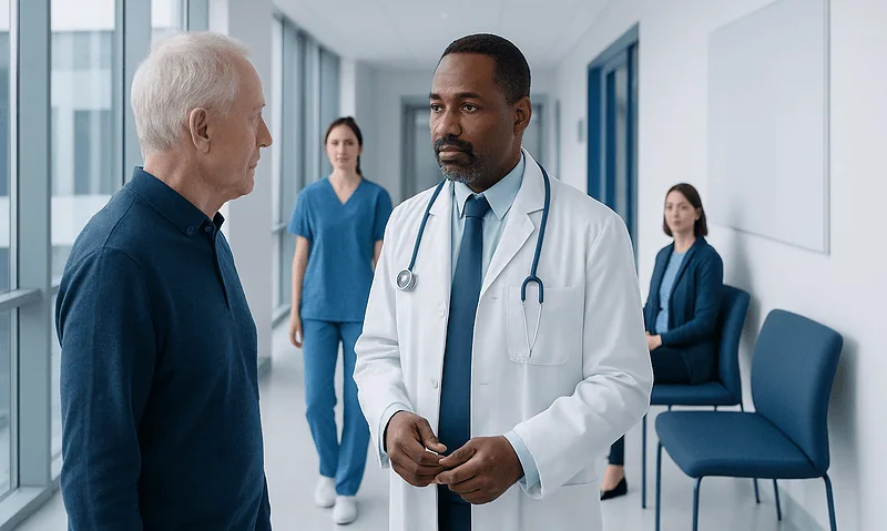 Medical team discussing patient care in hospital corridor.