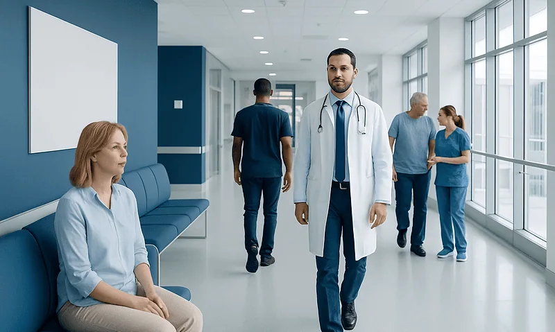 Medical professionals and patient in a modern hospital corridor.