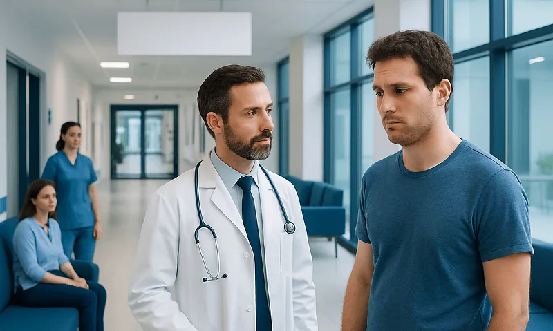 Doctor discussing health concerns with a patient in a hospital corridor.