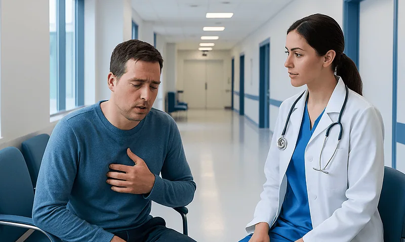 Sweating while sick but no fever: Common Causes, Warning Signs, and When to See a Doctor 9 Patient experiencing chest discomfort during medical consultation at Acibadem Hospital.