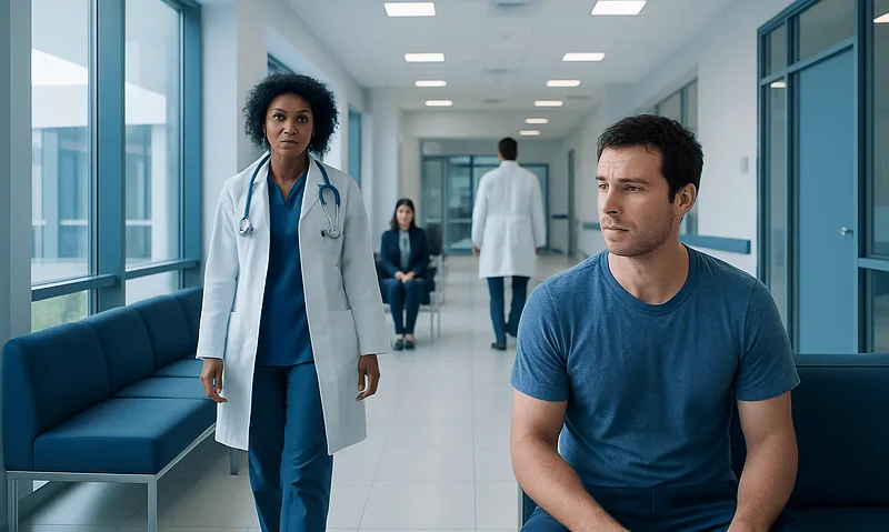 Doctor and patient in hospital corridor, healthcare setting.