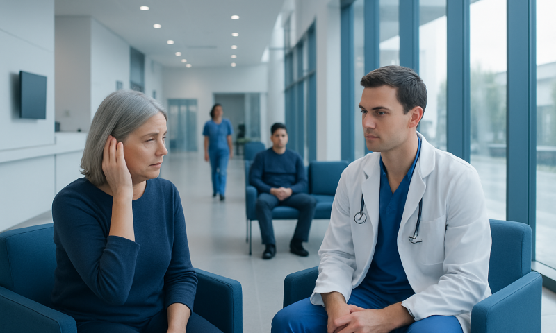 Doctor consulting with a patient about neurological symptoms in a hospital.