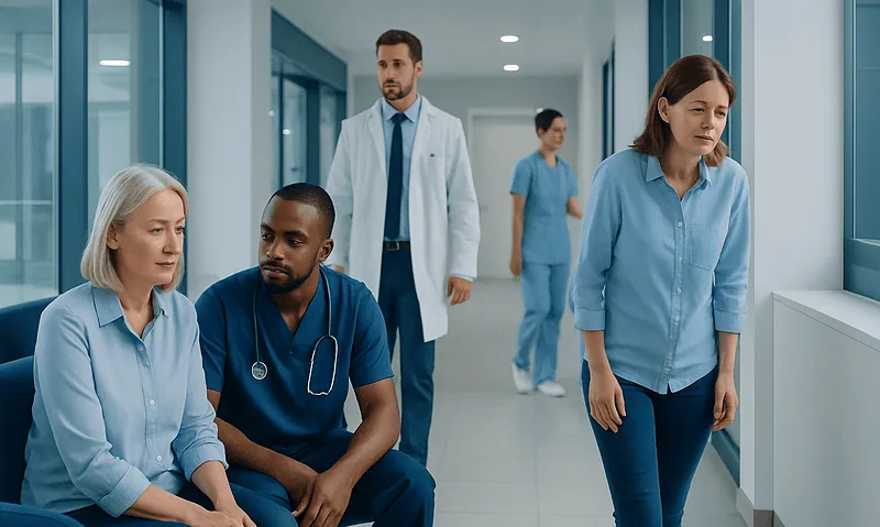 Medical team discussing patient care in hospital corridor.