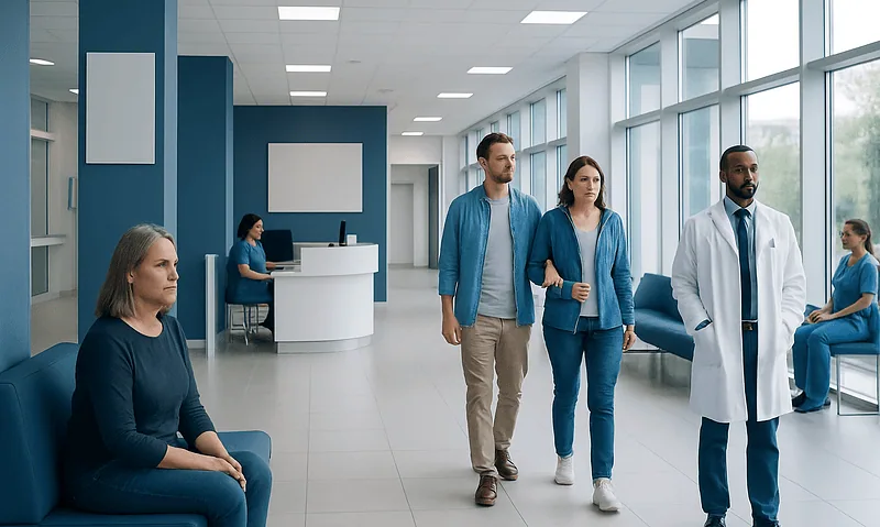 Patients and doctor in a modern hospital corridor.