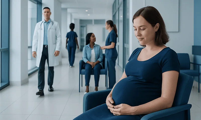 Pregnant woman waiting in hospital corridor with medical staff nearby.